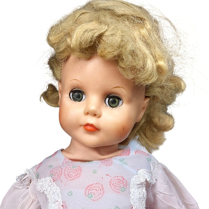 Vintage Magic Skin Latex Cryer Doll With Sleeping Eyes & Pink Lace Dress 22 Inch