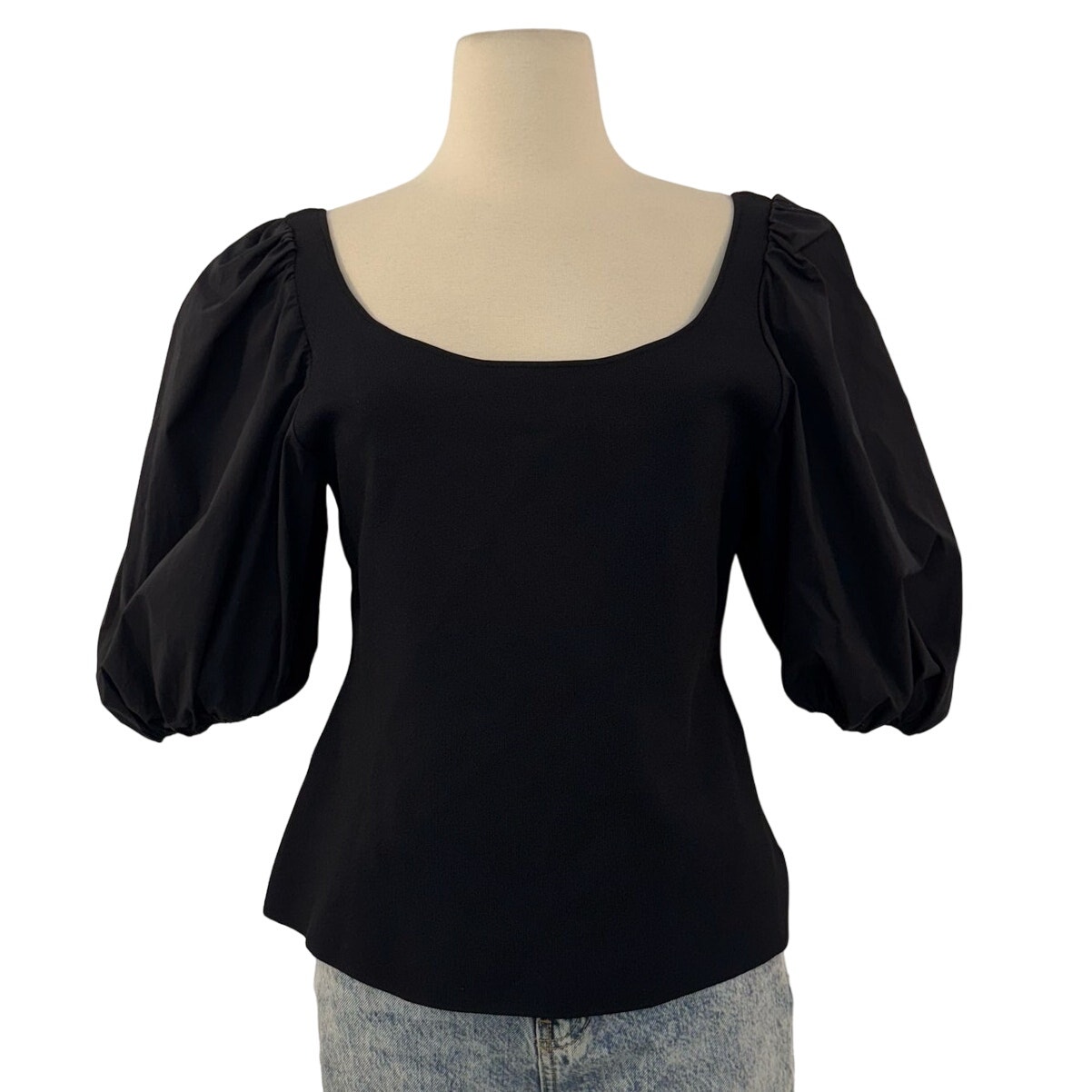 Theory Scoop Neck Puff Short Sleeve Top Blouse Cropped Black Stretchy XL NWT