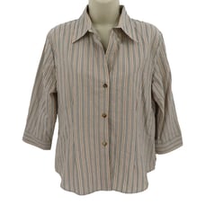 Burberry Womens 12 Beige Vertical Stripe Collared Button Front Blouse Shirt Top