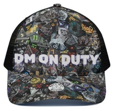 DM on Duty HAT D&D Dice collage -Black- Size M with adjustable back, black mesh