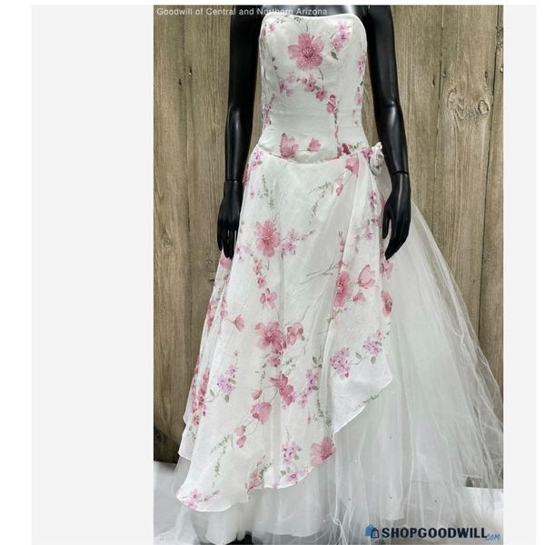 Mori Lee Strapless Asymmetrical Floral Gown Size 3/4