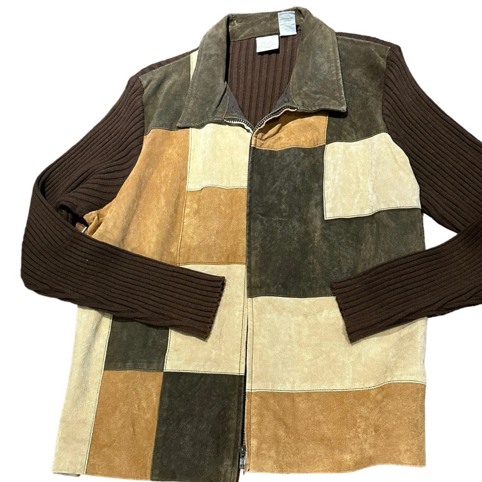 Vintage Fiorlini Plus 18/20 Suede Patchwork Brown Cotton Sweater