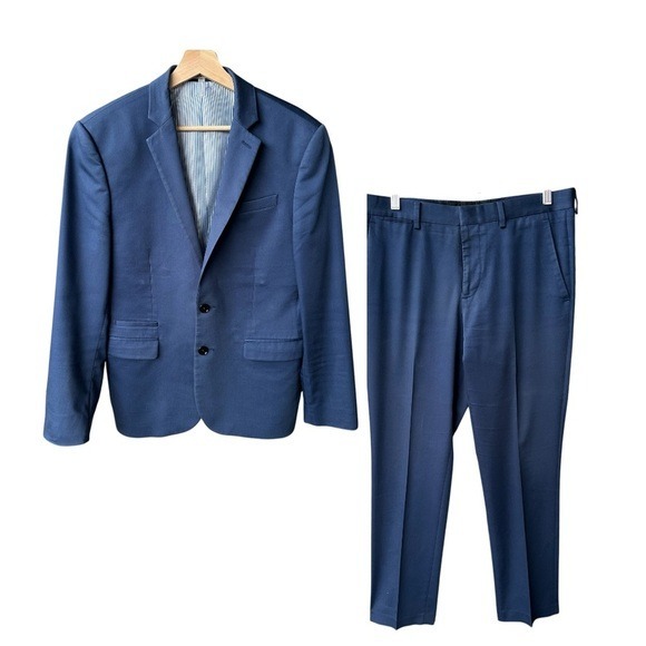 Express Suit Set Pants Blazer Blue Photographer Fitted Preppy Sz 38 Short 30/32