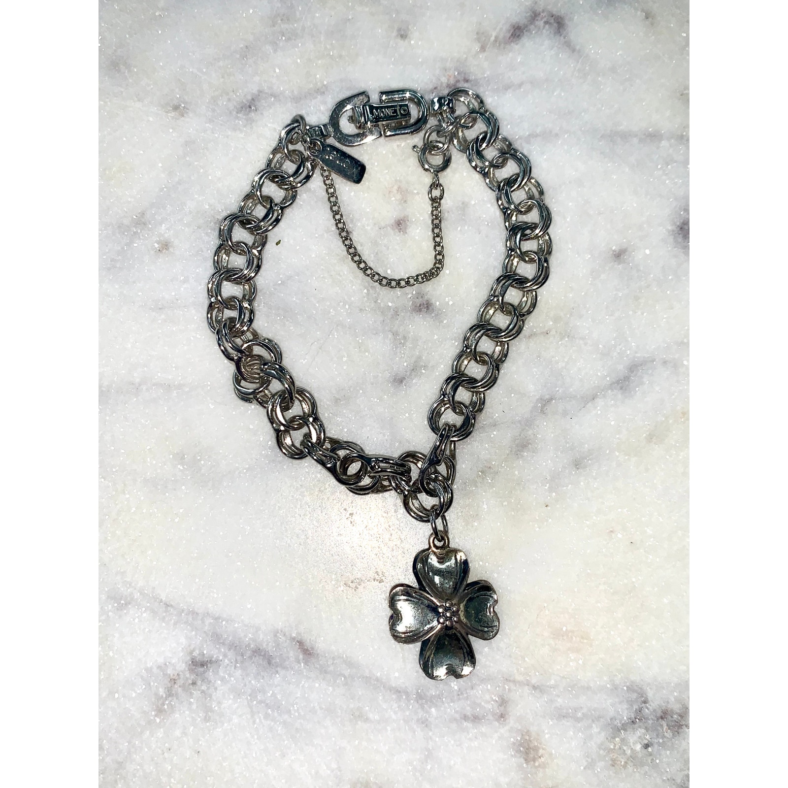 Vintage Monet Silver Double Link Dangling Flower Charm Bracelet