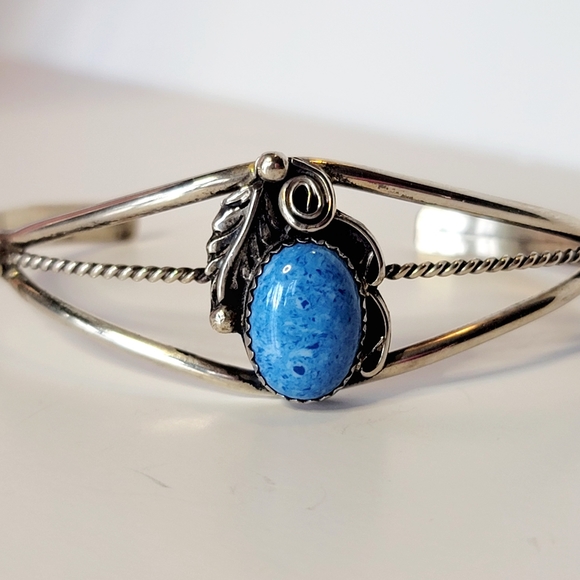 Ocean blue real turquoise rock on Sterling silver navajo cuff bracelet vintage