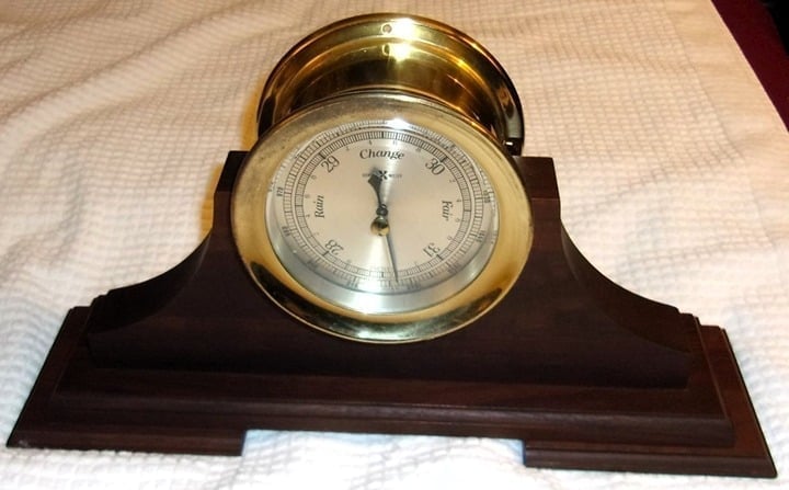 Original Howard Miller Brass Barometer w/ Wood Stand - W. Germany  All original