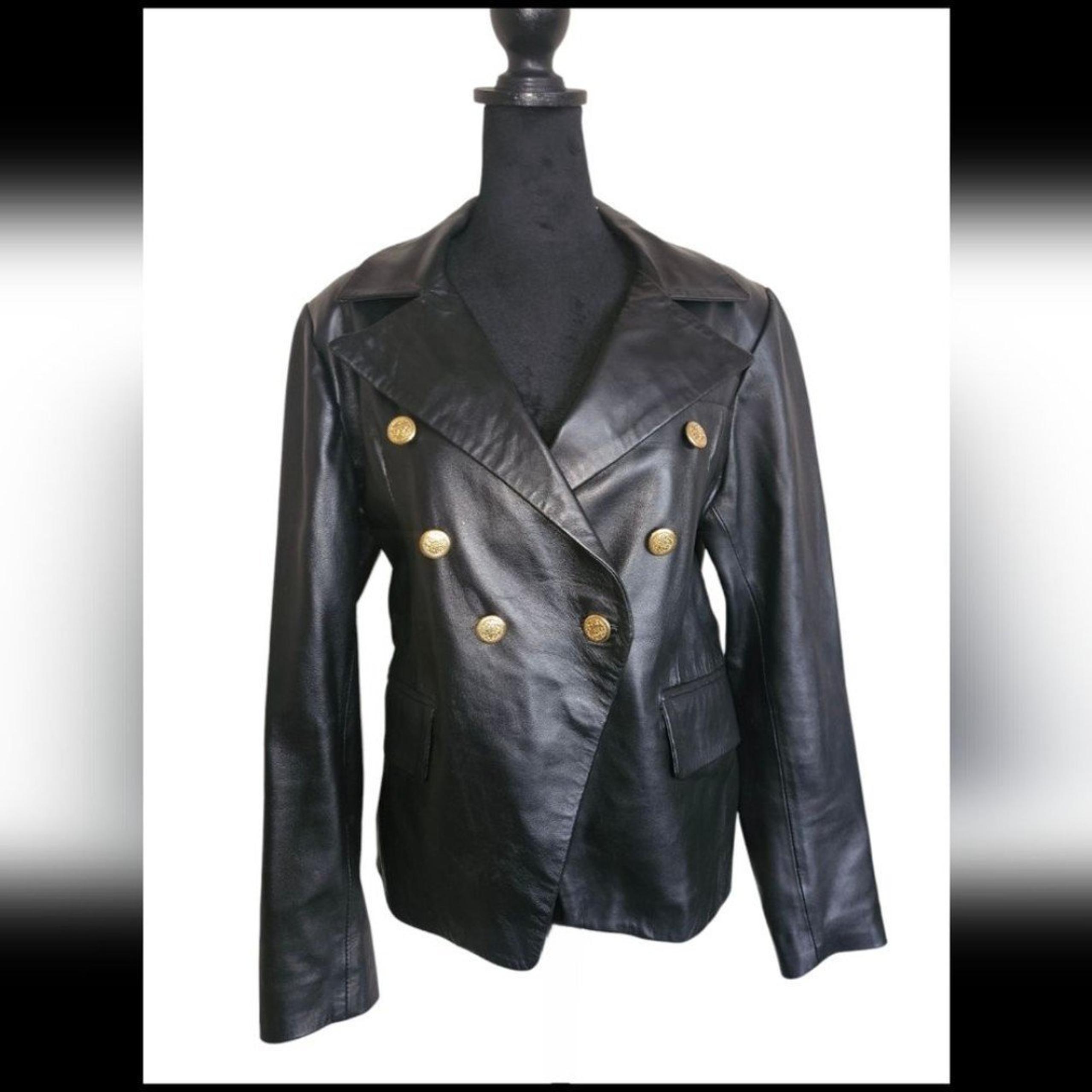 Vintage Real Leather Black Double Breasted Gold  Button-up Leather Jacket Size L