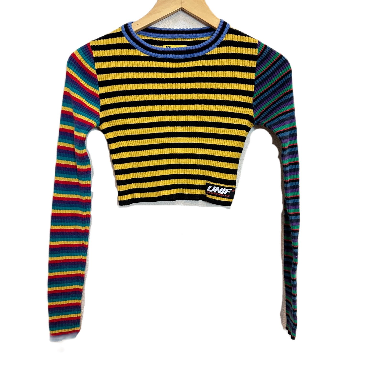 UNIF Digit Multicolor Striped Crop Sweater Long Sleeve Ribbed Top Women’s XS