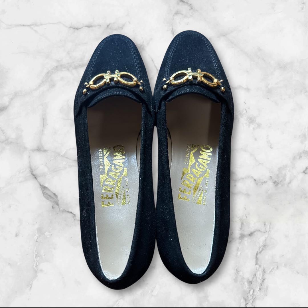 Ferragamo loafers, heels, black, velvet, size 5 1/2 B