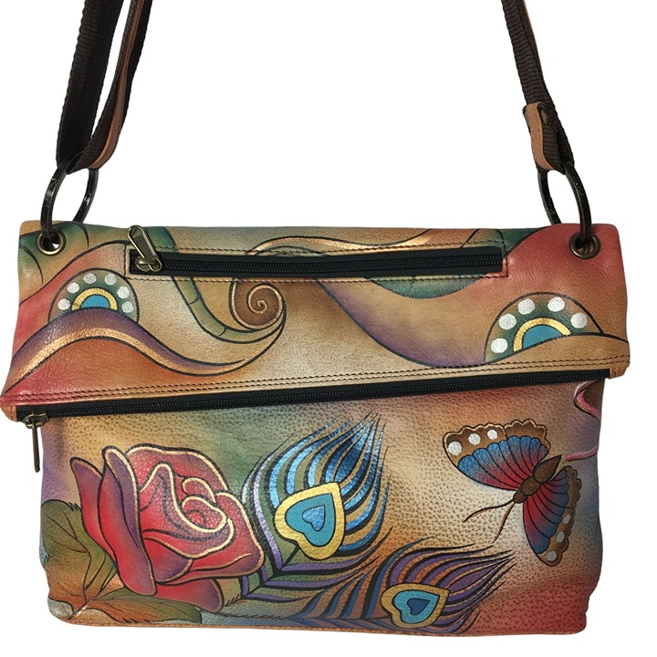 Anuschka LIKE NEW Handpainted Leather Asymmetric Cross Body Bag Red Rose Peacock
