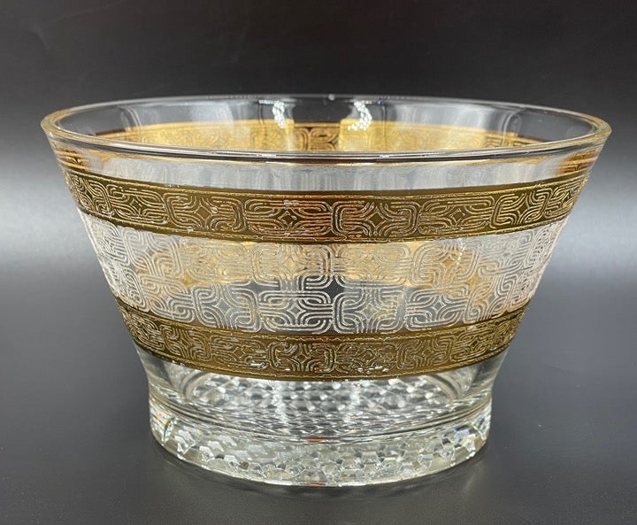 Mid Century Glass Chips Bowl w/ Gold & Clear Etched Design Decorated Base