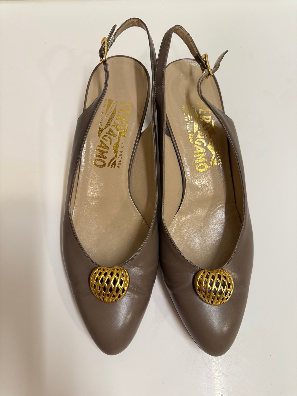 Salvatore Ferragamo VINTAGE Slingback Pumps, Taupe, Size 7.5B