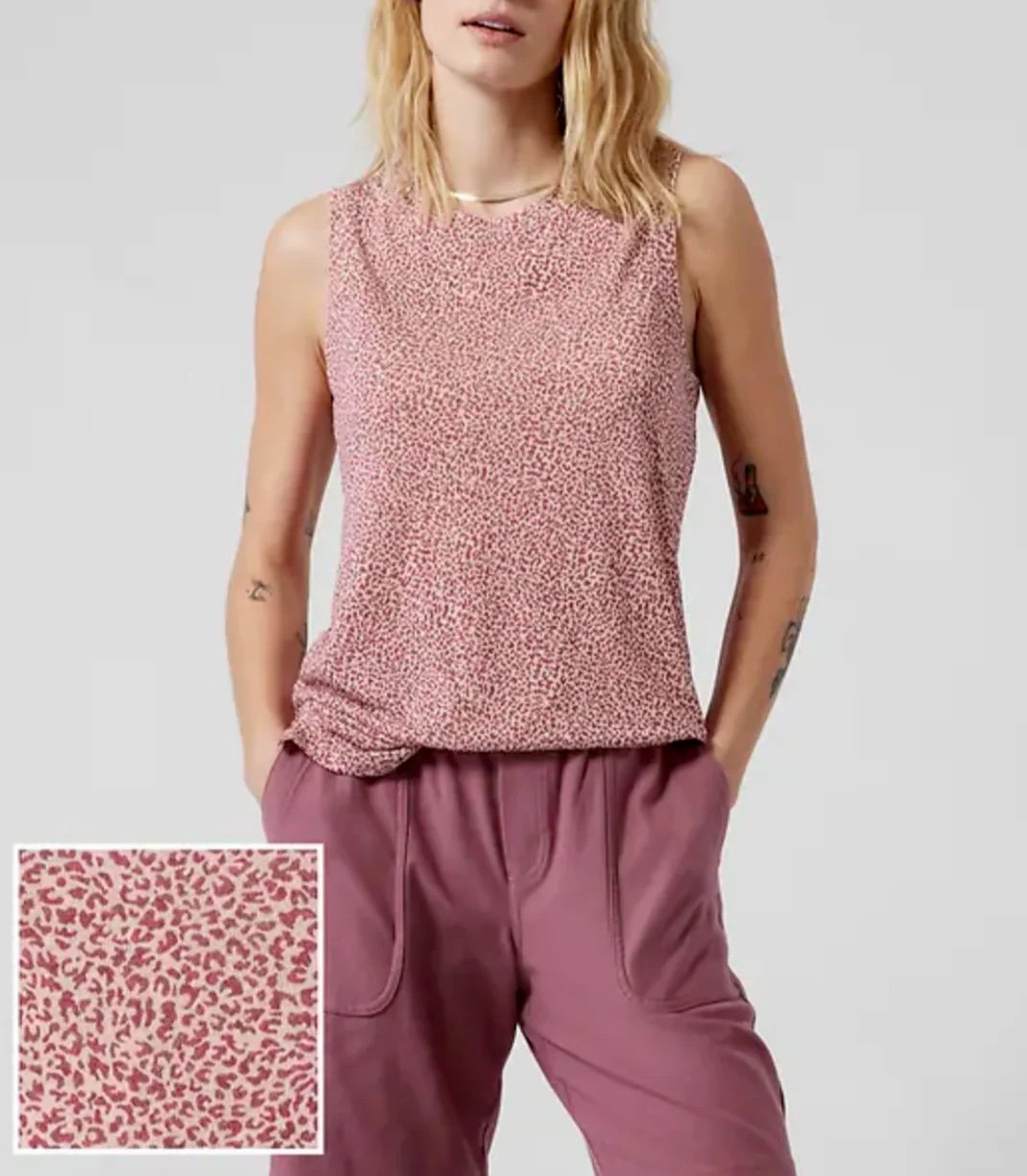 ATHLETA MICRO CHEETAH BASHFUL ROSE SLEEVELESS BREEZY TOP TANK Size M TALL