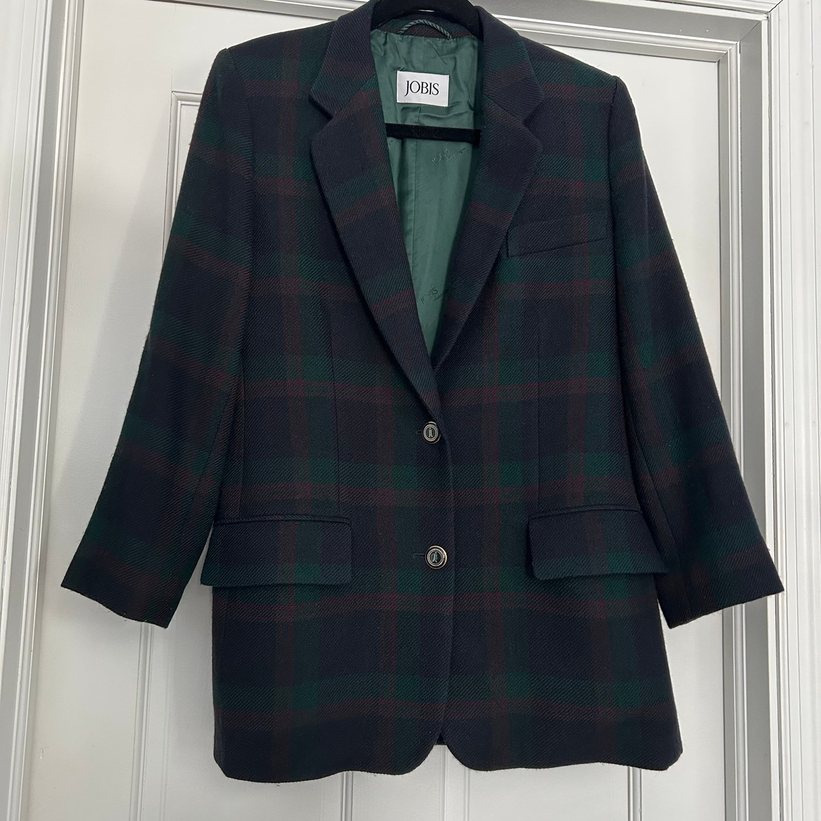 Jobis women’s 40 green plaid wool blazer jacket winter spring academia career