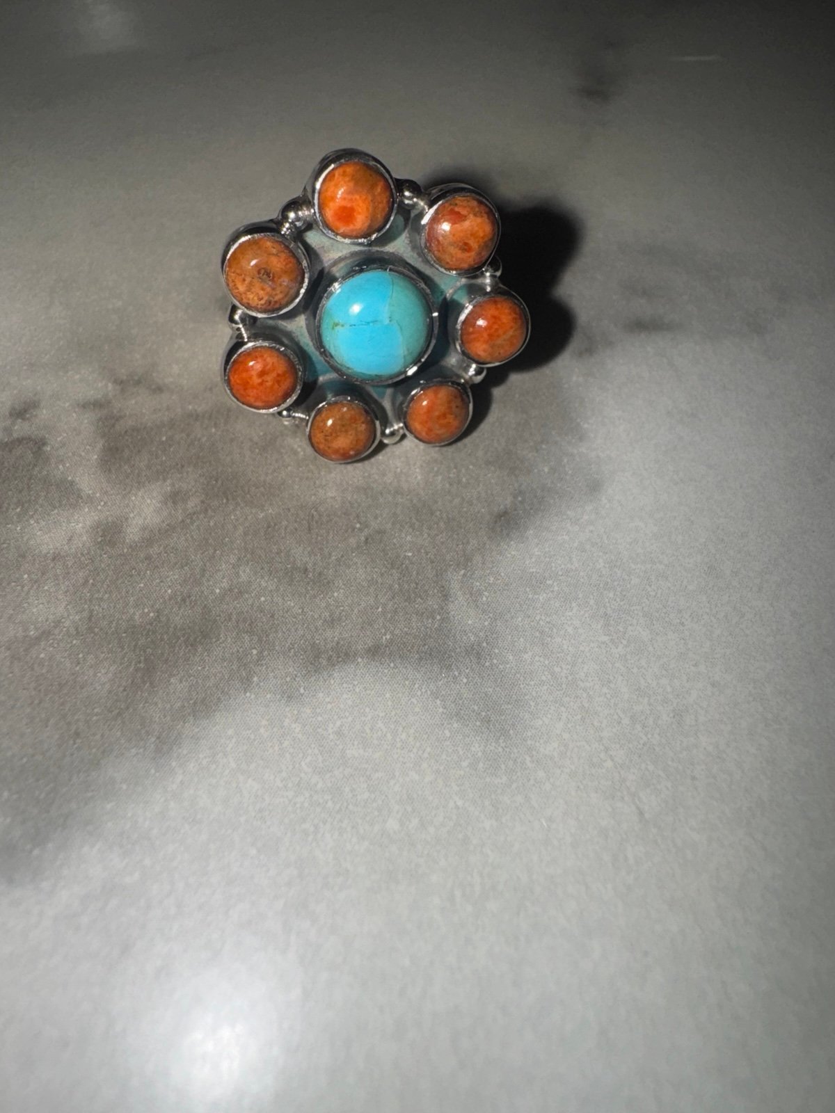 Sterling Silver Turquoise & Spiny Oyster Cluster Ring Size 8 Southwestern Boho S