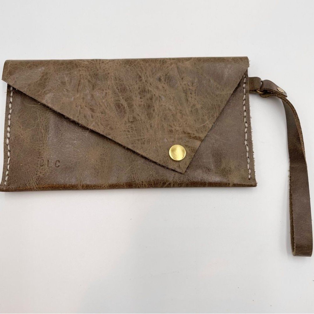 CLC Leather Clutch Wristlet Bag Snap Closure Asymmetrical Textured Neutral Muted