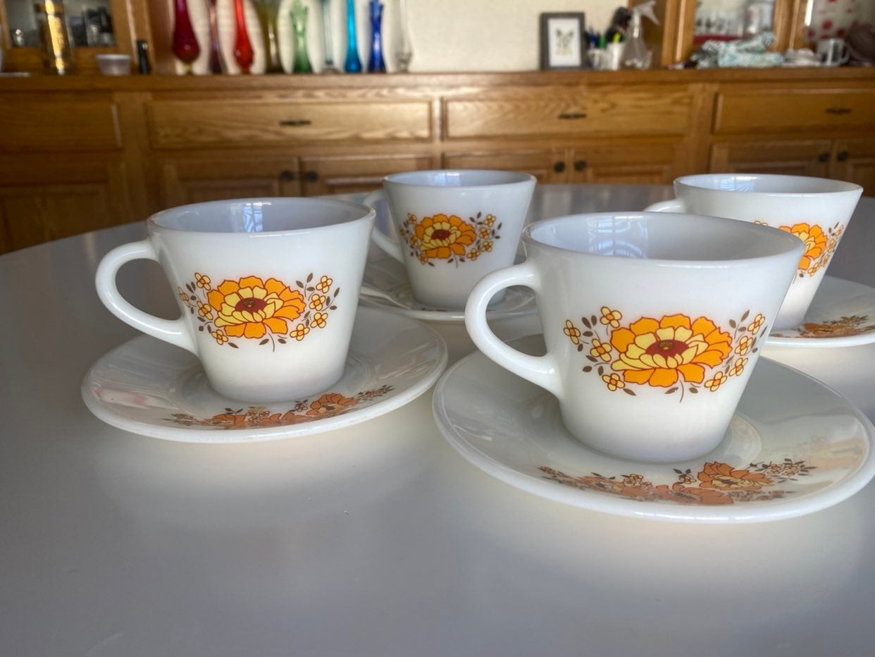 Pyrex JAJ cups and saucers set of 4