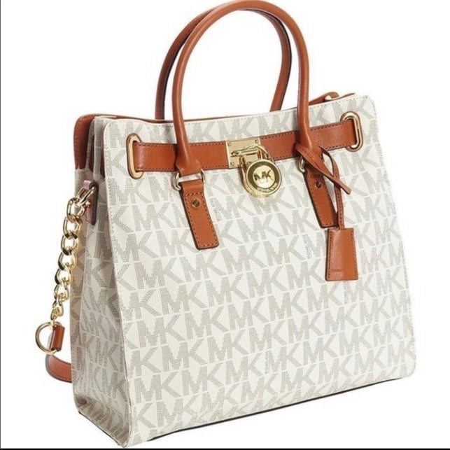 Michael Kors Hamilton Logo Shoulder Tote Vanilla Brown/White