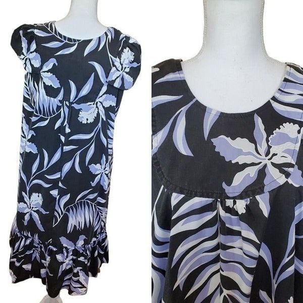 Vintage Hawaiian Black Floral Muumuu Dress Lilac Purple Flowers Palm Leaves M