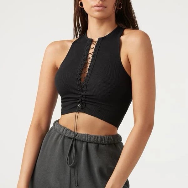 Joah Brown Lace Up Crop Tank Top