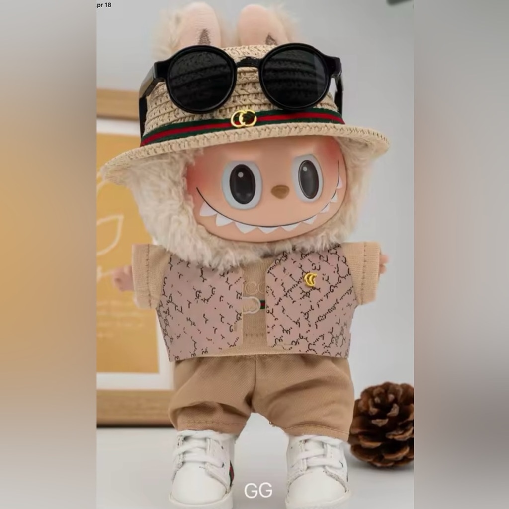 Stylish Beige & White Labubu outfit w/Hat & Sunglasses- DOLL NOT INCLUDED