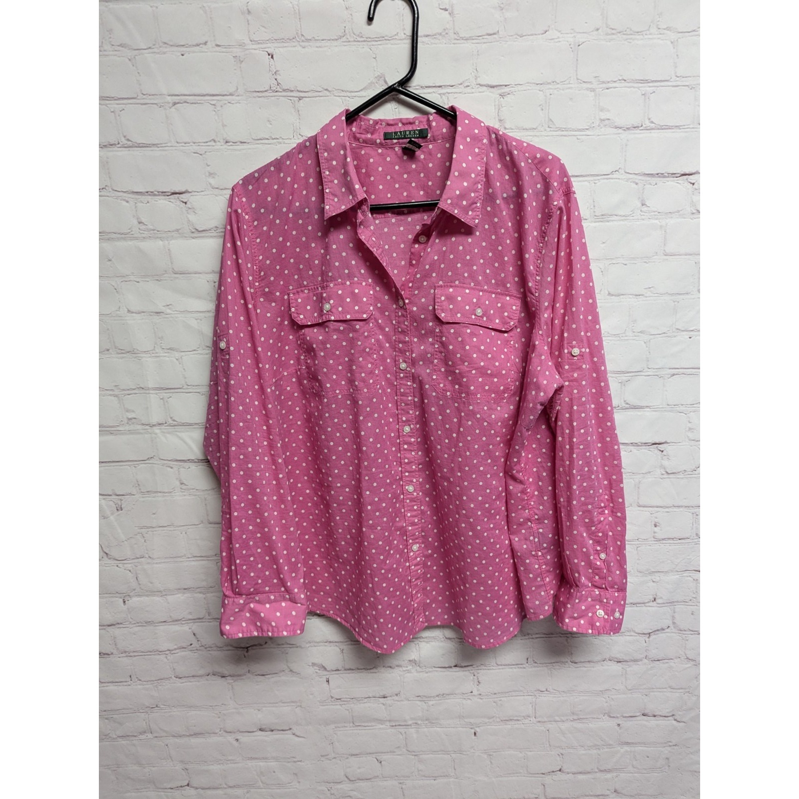 Lauren Ralph Lauren Pink White Polka Dot Long Sleeve Button Up Size 2X EUC 118