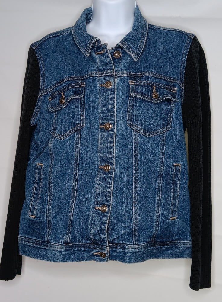 Christopher and Banks Jean Jacket Women LG Ribbed Long Sleeves Cropped