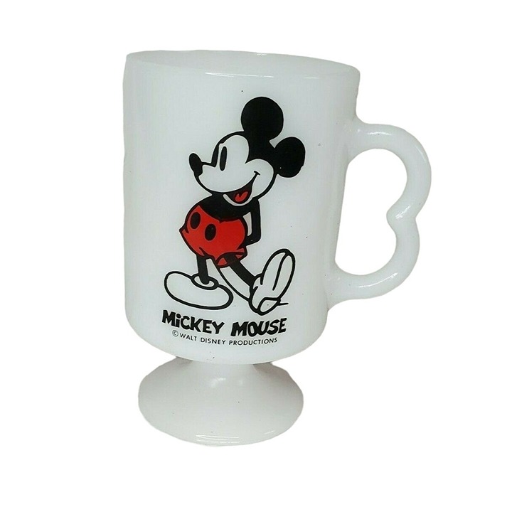 Vintage 1970 Walt Disney Production Mickey Mouse White Glass Pedestal Mug Cup