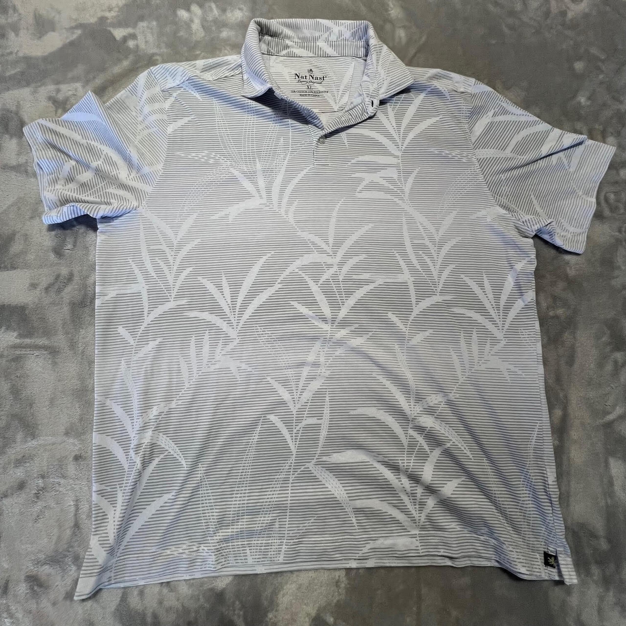 Nat Nast Mens XL Luxury Originals Polo Shirt Leaves Striped Gray White