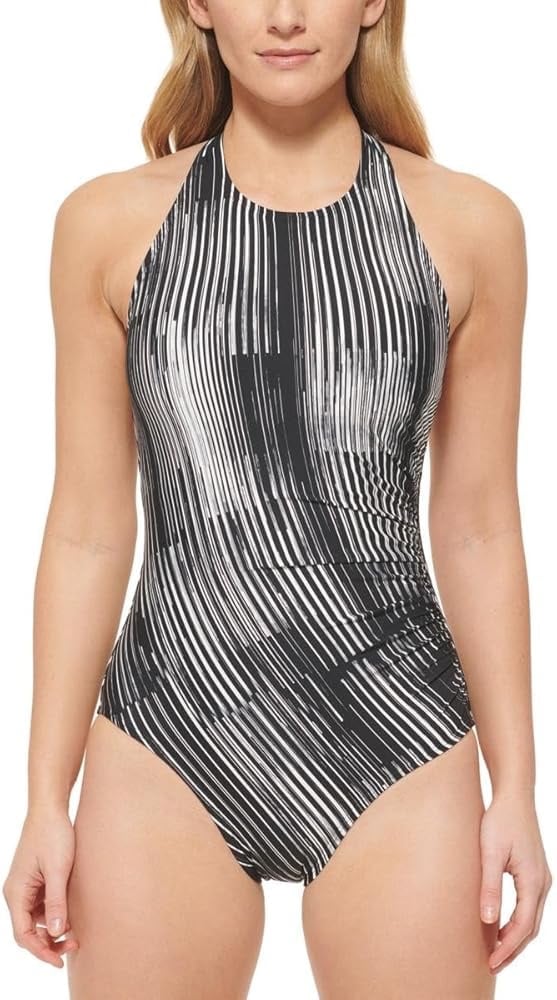 Calvin Klein Women's Printed Side Shirred High Neck Halter Swimsuit Gray Size.