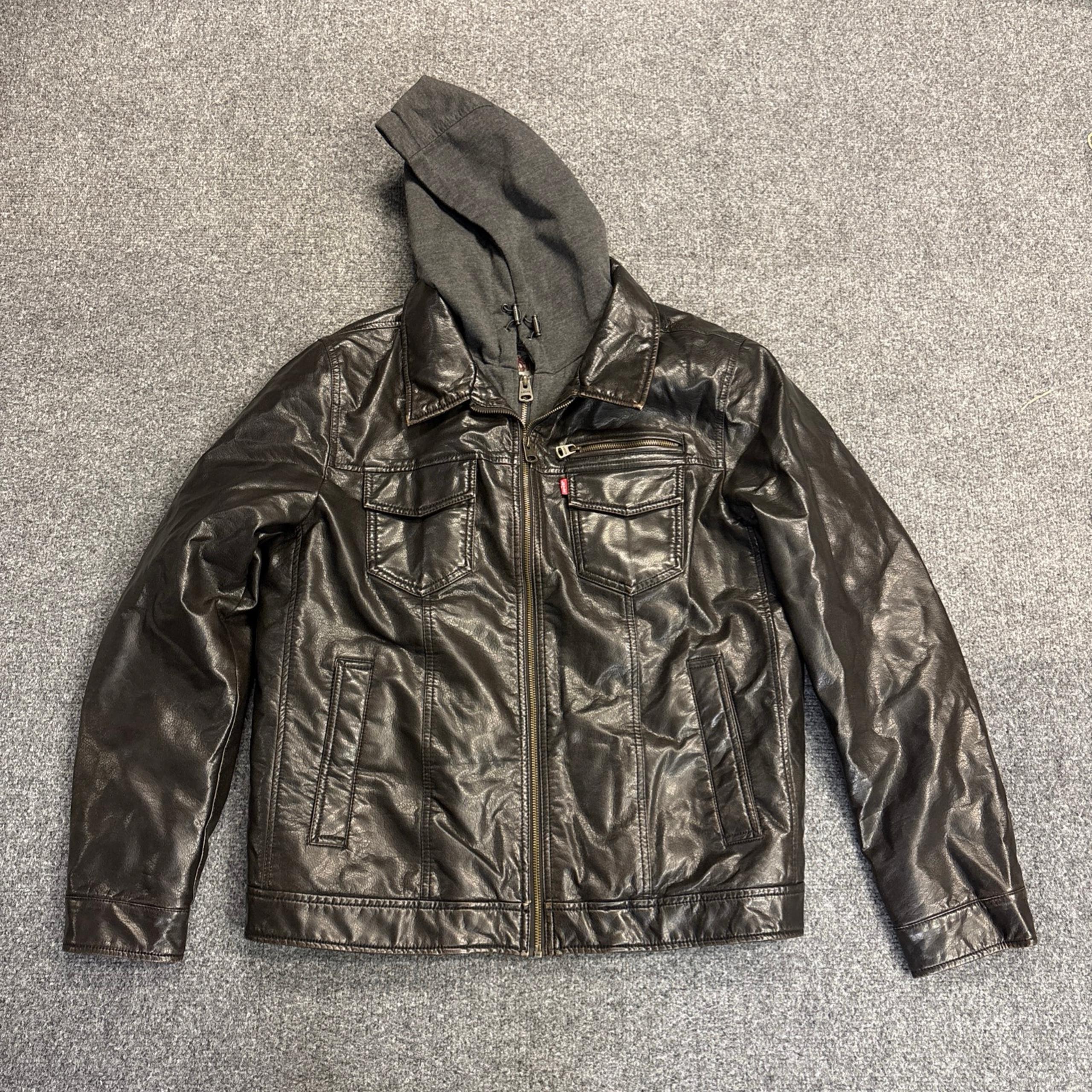 Levi’s Faux Leather Bomber Jacket Layered Double Zip Hood Sherpa Lined Mens Larg