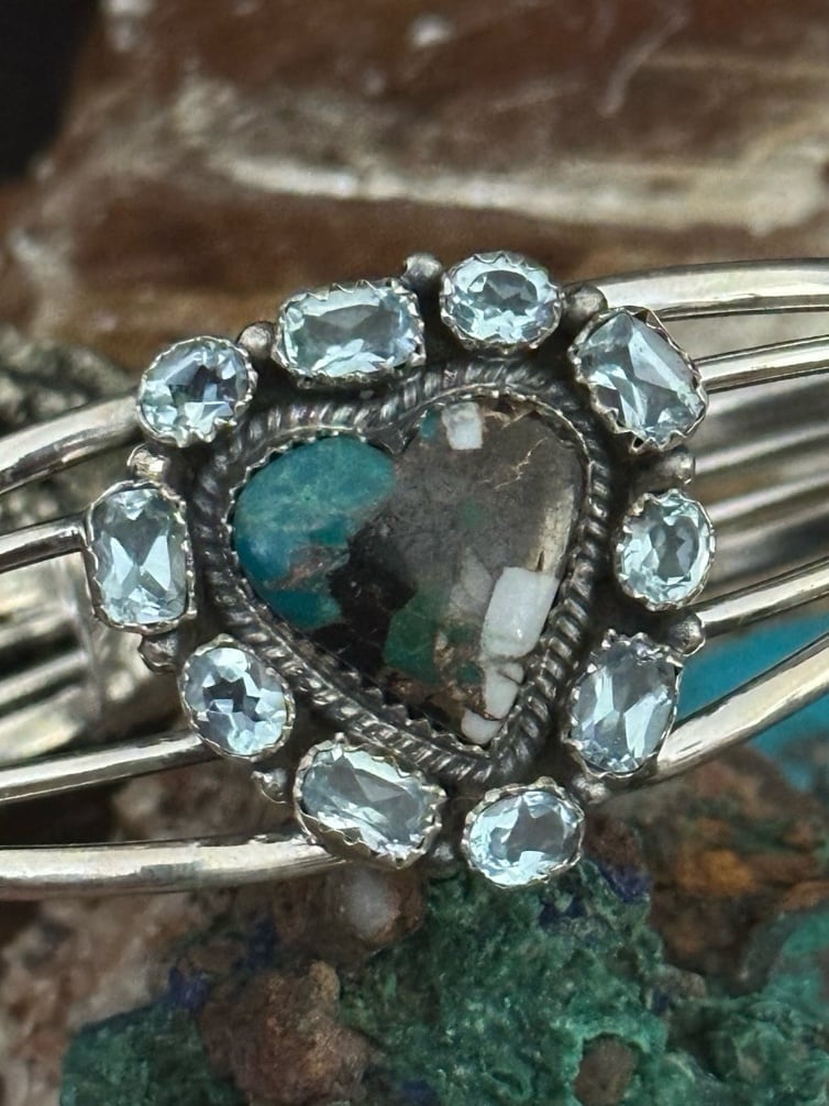 Blue topaz , turquoise, white buffalo sterling silver southwestern bracelet cuff