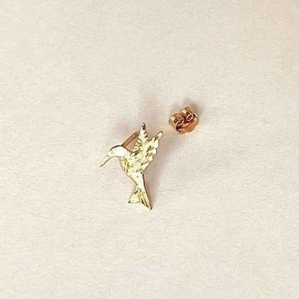 14k Yellow solid Gold Hummingbird Stud Earrings (11 X 12mm) | Real Gold Jewelry