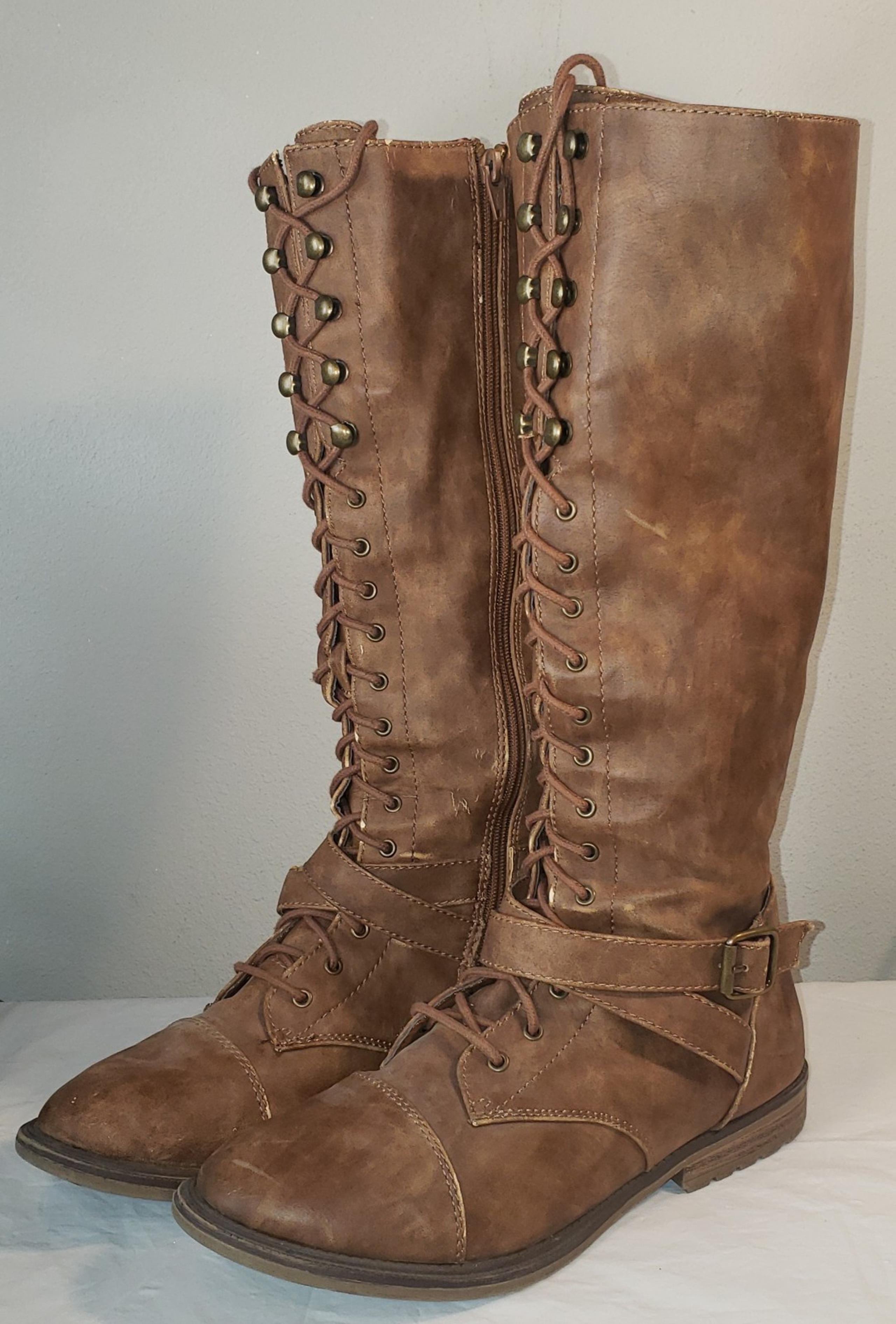 Target Lace Up Women' Brown Faux Leather Knee High Granny Boots Size 9 Side Zip