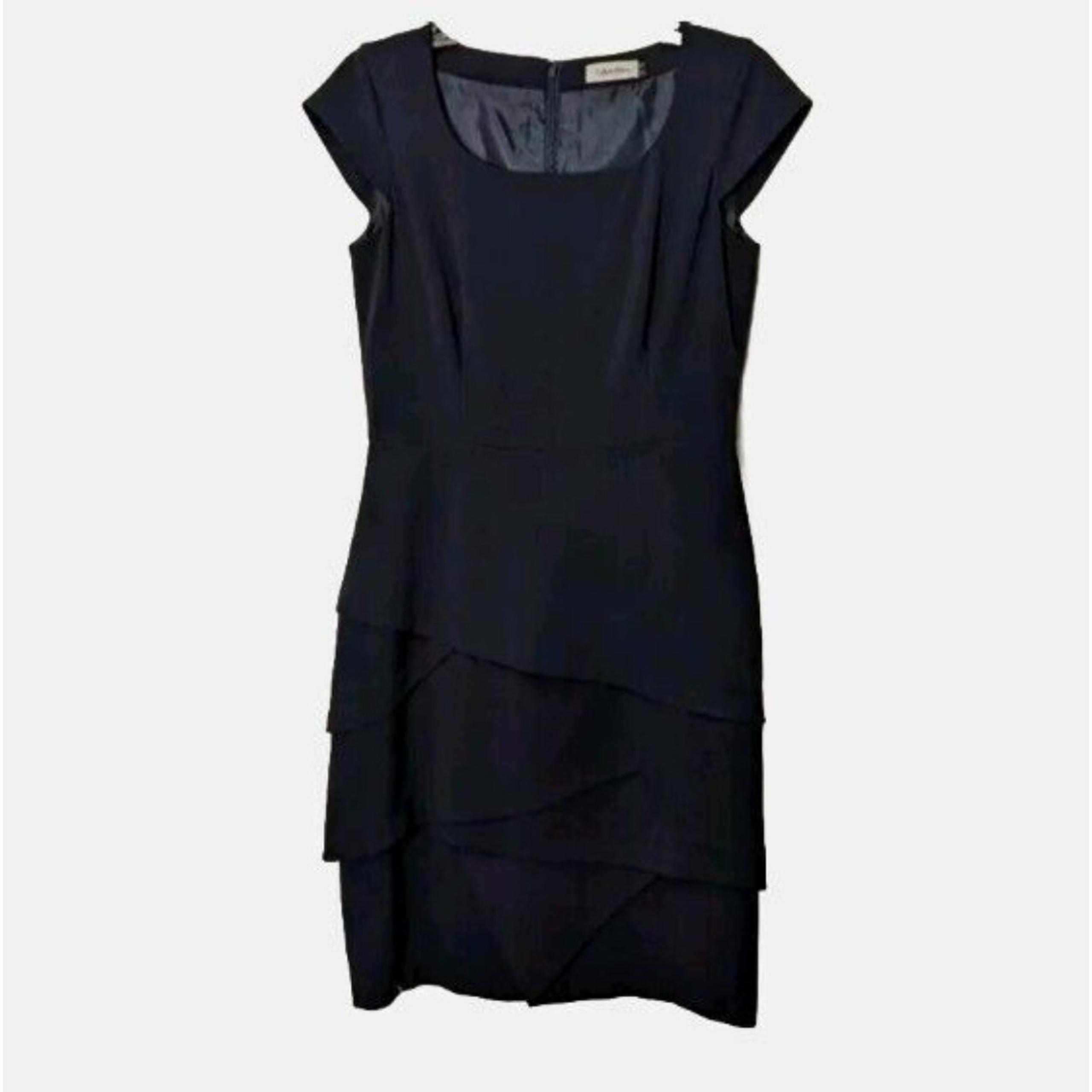 Calvin Klein Black Cap Sleeve Sheath Dress Size 4 Classic Mini Tiered Leyered