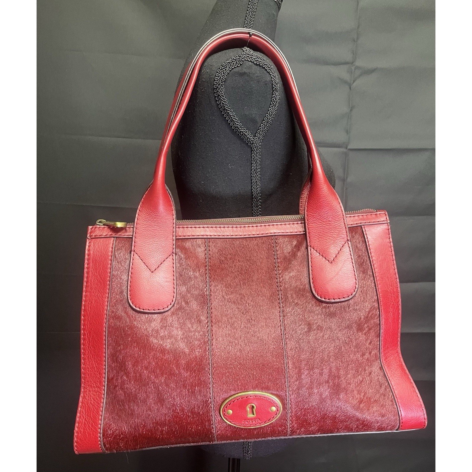 Vintage Rare Fossil Dark Red Leather Dyed Horse Hair Tote
