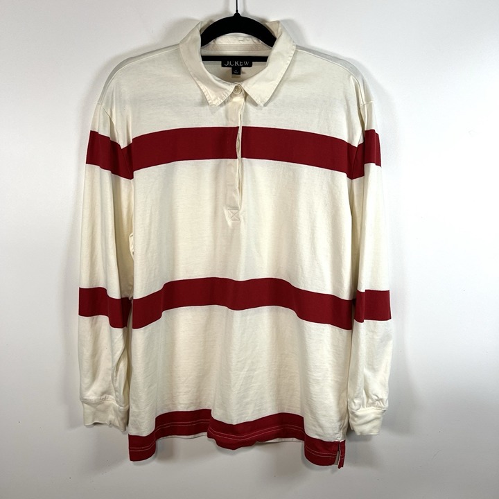 J Crew Shirt Men XL Red Cream Striped Cotton Long Sleeve Polo Rugby Preppy