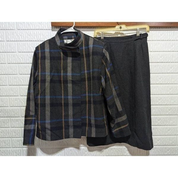 Gloria Vanderbilt Vintage Women's Gray Boxy Plaid Jacket & Tweed Lined Skirt Sui