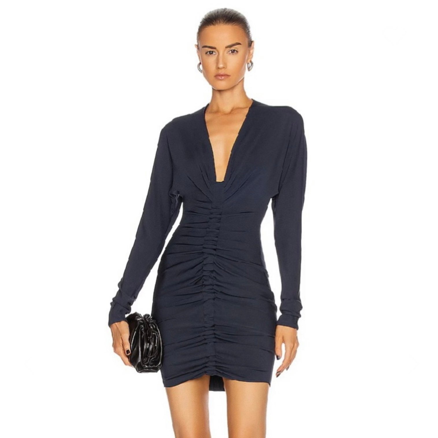 1450 NEW CUSHNIE REVOLVE NAVY RUCHED LONG SLEEVE MINI DRESS