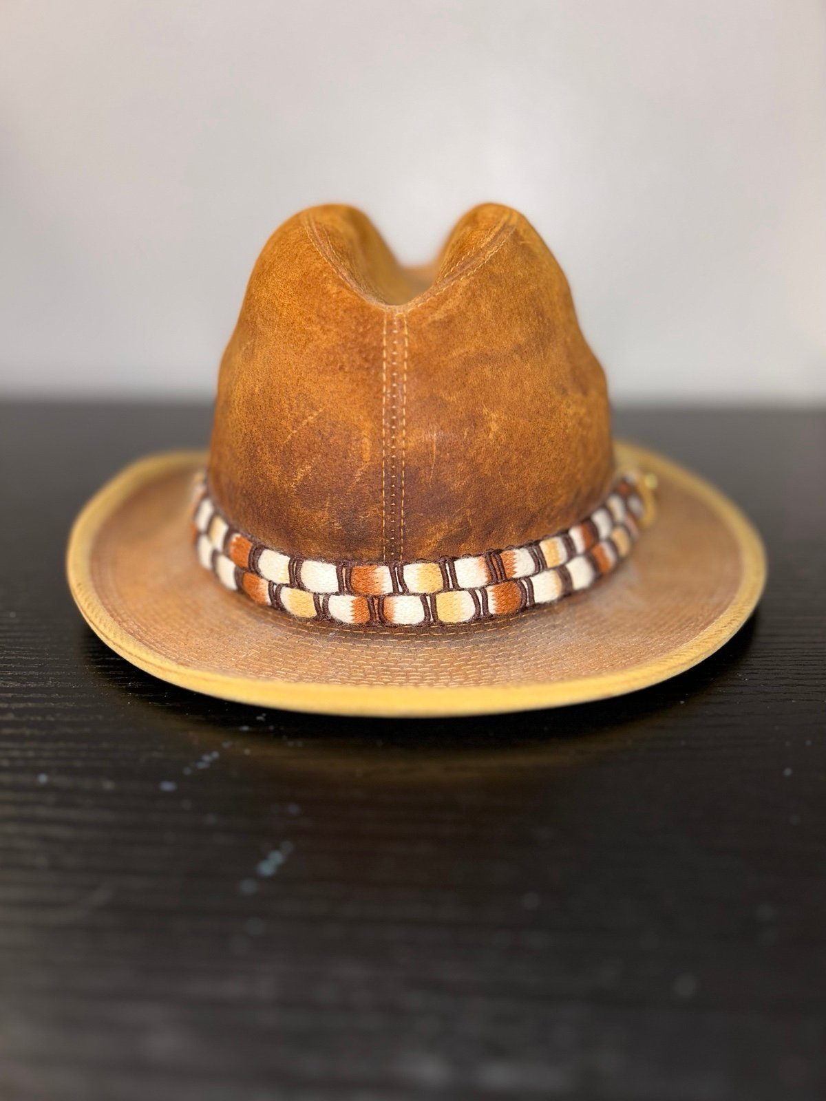 Vintage Brown Genuine Suede Western Cowboy Hat Headband Feather. Size Small