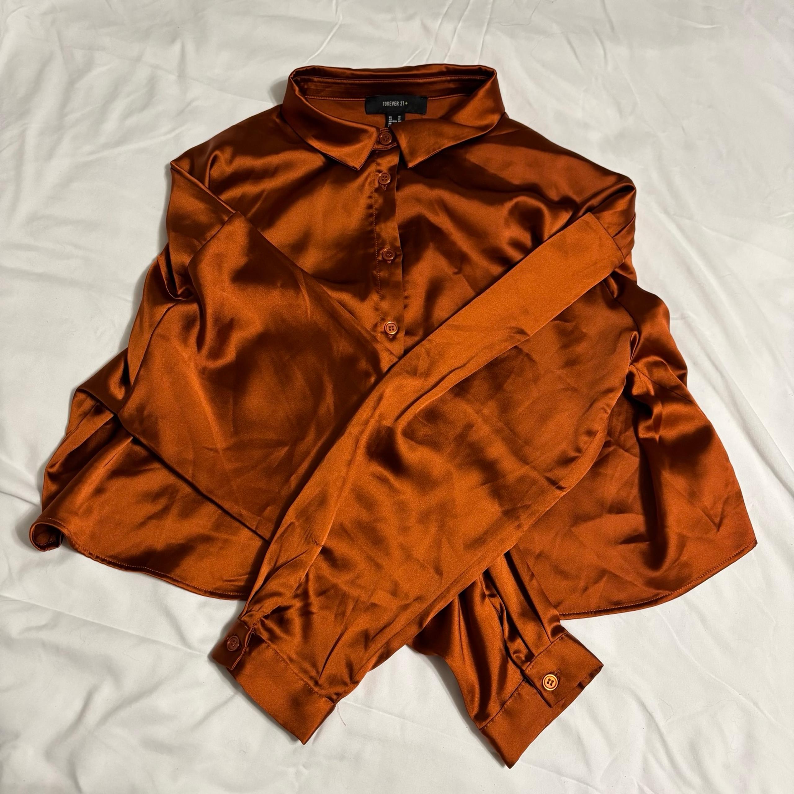 Forever 21 Burnt Orange Satin Button Up Blouse Cropped Top Womens Plus Size 1X