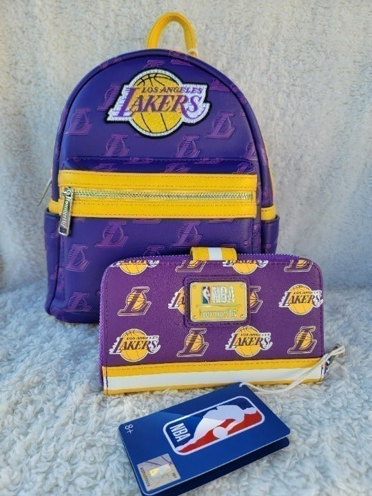 Loungefly NBA Lakers Debossed Logo Mini Backpack and Wallet Bundle