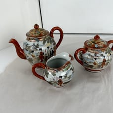 Japanese China Tea Set Sugar Bowl Creamer Geisha Floral Red-Orange 1950's-1980s