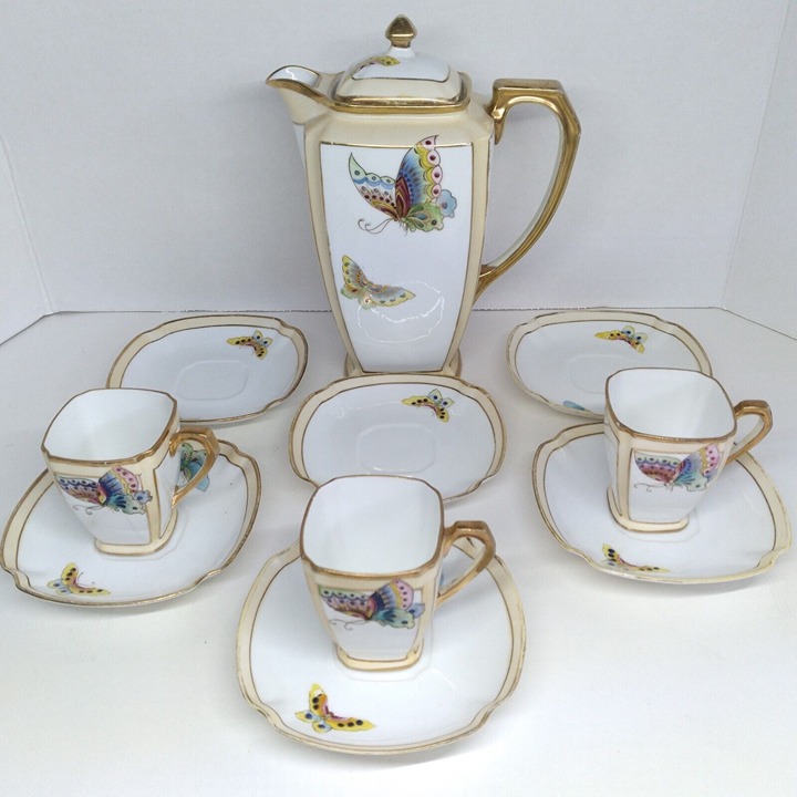 NIPPON BUTTERFLY Hand Painted Porcelain Chocolate Pot Set 3 Cups 6 Saucers Deco