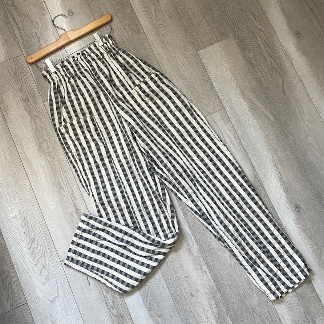 Vintage Striped Pants cotton check pull on womens White Gray small holland amish