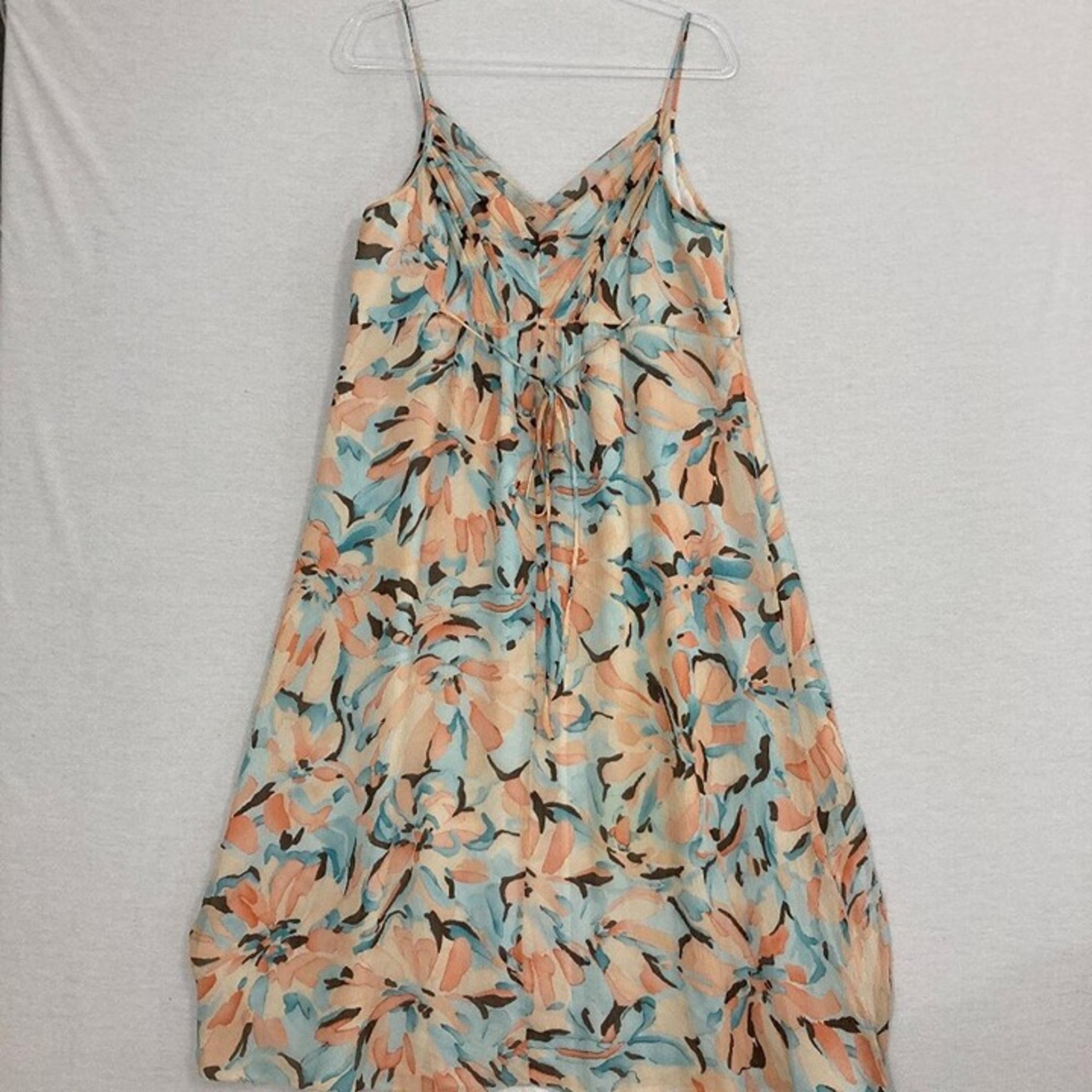 Vintage Anne Klein Floral 100% Silk Strappy Baby Doll Midi Dress size 14 Resort