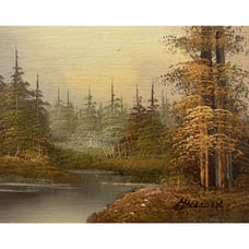 Vintage Oil Painting On Cavas Set In Mirror Mountain Landscape Signed Hillcock
