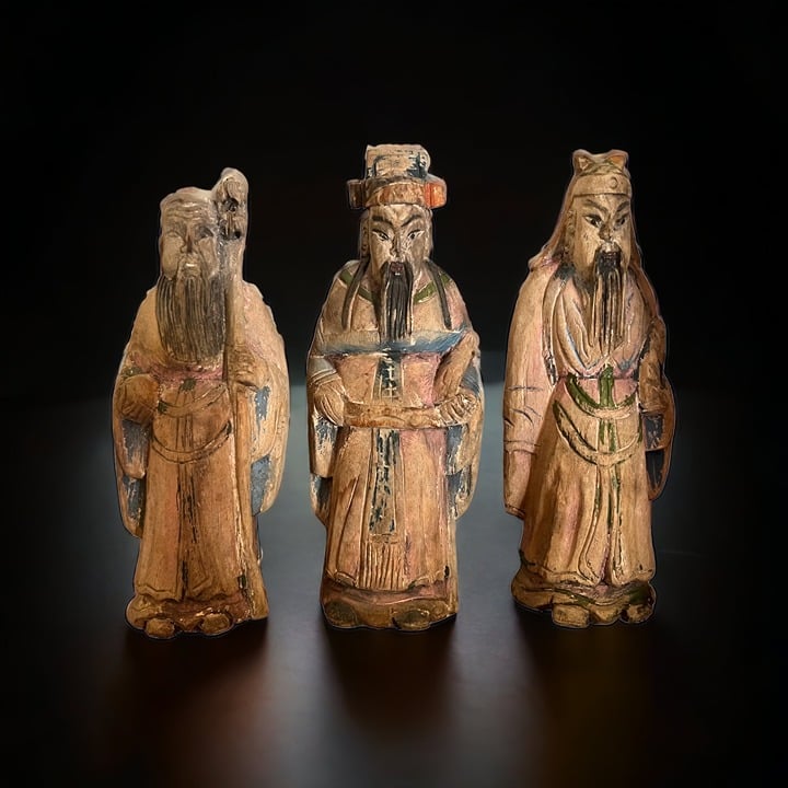 Antique Hand Carved Wise Men Wooden Statues. 3 Immortals Fuk Luk Sau Asian wood