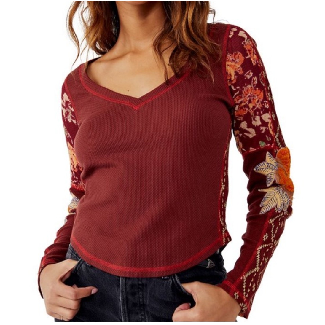 Free People Embroidered Amara Thermal Top NWT