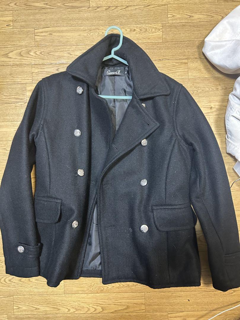 Black Wool Peacoat with Silver Buttons
